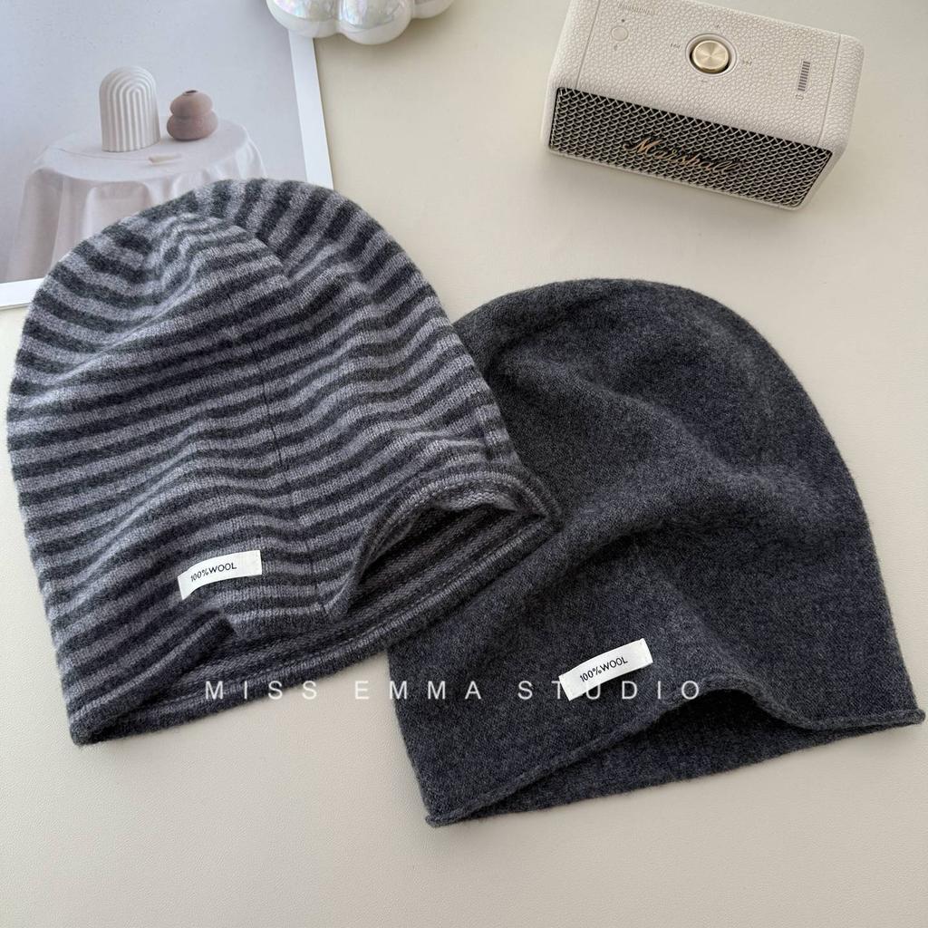 Pure Wool Pile Cap A Versatile Solid Color Knitted Cap for Women A Warm and Ear Protecting Postpartum Cap