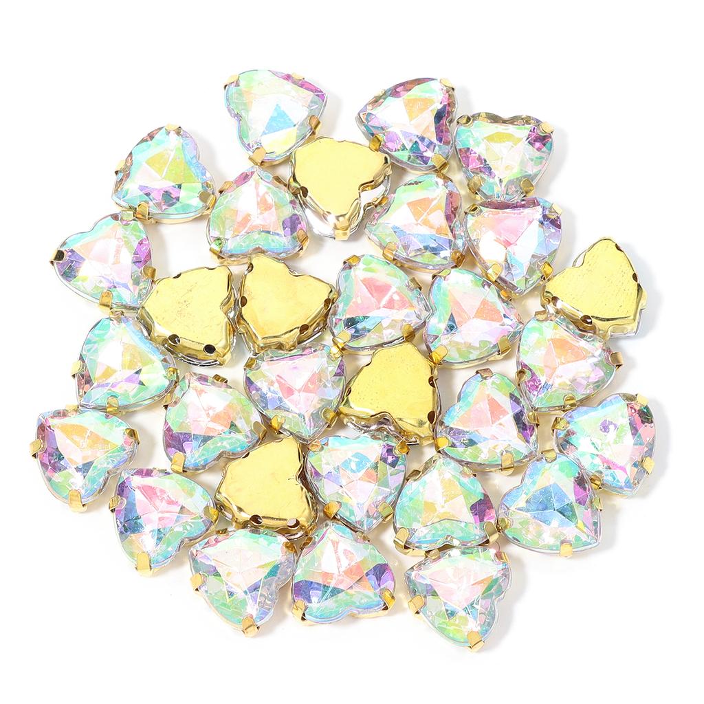 30pcs/lot 10/12mm Heart Shape Acrylic Sew On Rhinestones Stainless Steel Golden Claw Beads For DIY Clothes Jewelry Decoration