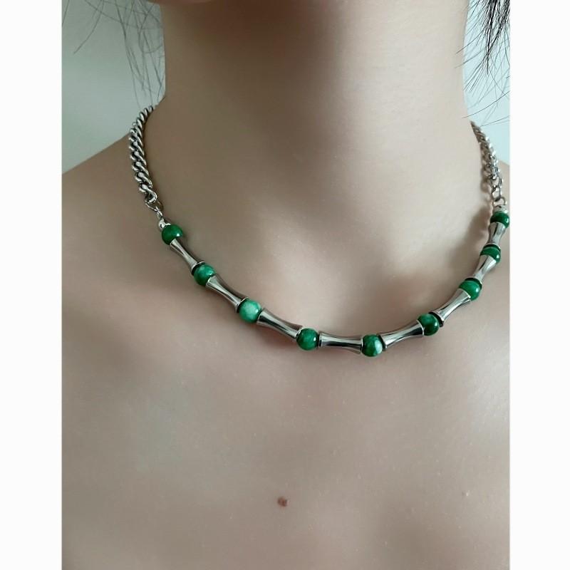 Handcrafted Stainless Steel Pendant Necklace Featuring Bamboo Chain And Green Stone For Gift