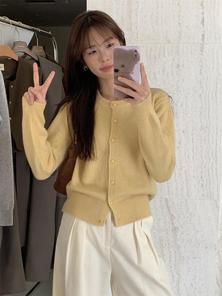 Korean Retro Autumn/Winter Cardigan Sweater with Gold Button Detail