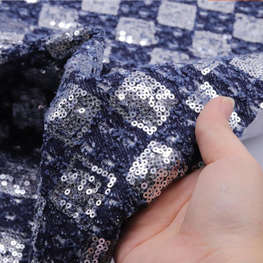 

Glitter Checkerboard Denim Fabric with Sequin Embroidered Beads Washed High-grade Materials For Dress Skirt Bag Garment DIY 50x150cm темно-синий