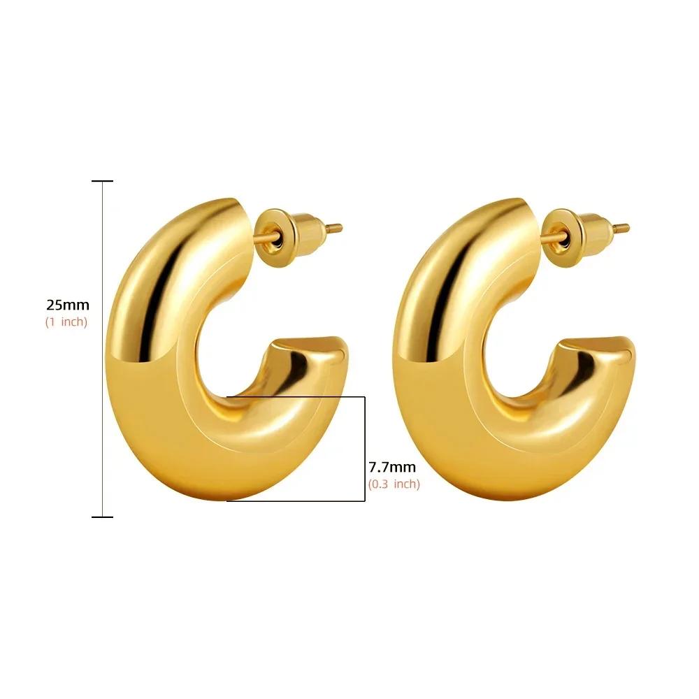 New Retro Stainless Steel Chunky C Shape Hoop Earrings Glossy Gold Plated PVD Circle Round Tube Huggie Hoops Stacked Ear Jewelry