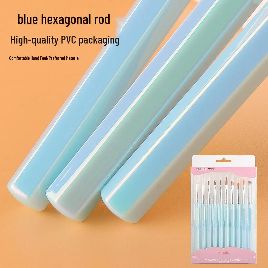 Laser Blue Hexagonal 10-Piece Nail Art Brush Set for Outlining, Lines, and Floral Designs