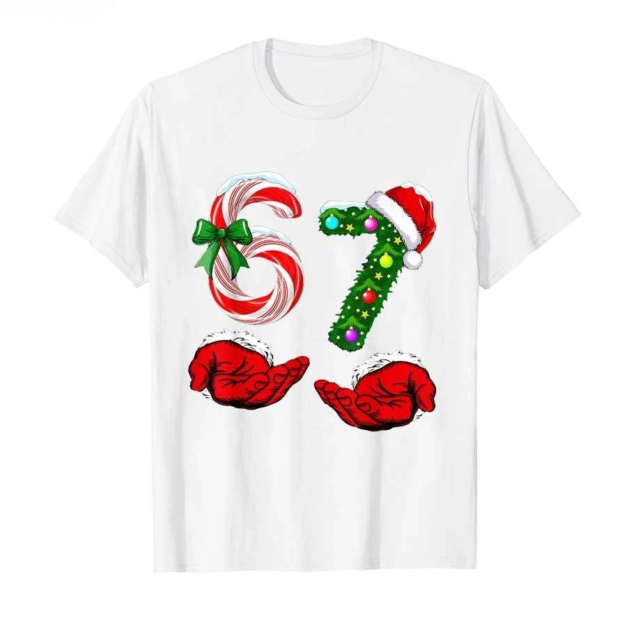 Funny 67 Christmas 6 7 Meme Pajamas Holiday Gen Alpha Slang Cartoon Printed Tshirt for Women T Shirts Short Sleeve Clothing