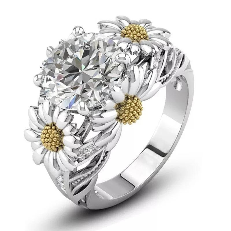 Small Daisy Flower Single Ring Girl, Fresh Pastoral Light Luxury Ring, Four-Claw Inlaid Zircon Model