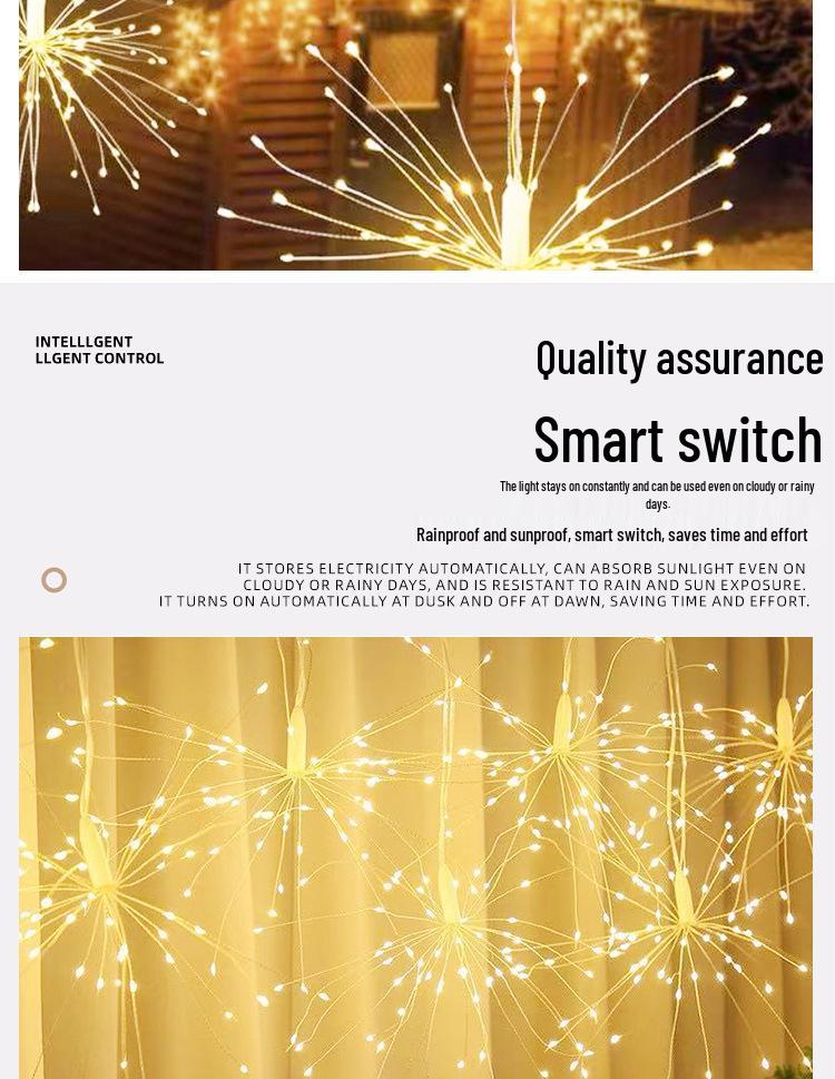 LED Solar Dandelion Firework String Lights - Indoor Outdoor Decorative Explosion Copper Wire Lights