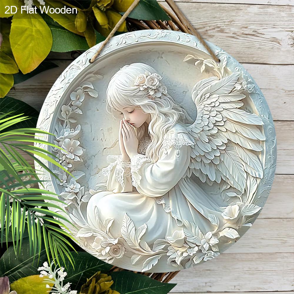 Pretty Angel Wooden Sign - Beautiful Angel Round Sign for Front Door Wall Hanging Decor Ideal Home Hanging Ornament
