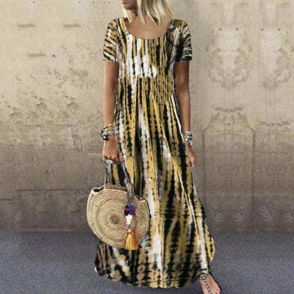 Women's Casual Loose Round Neck Short Sleeve Tie- Printed Long Hem Dress