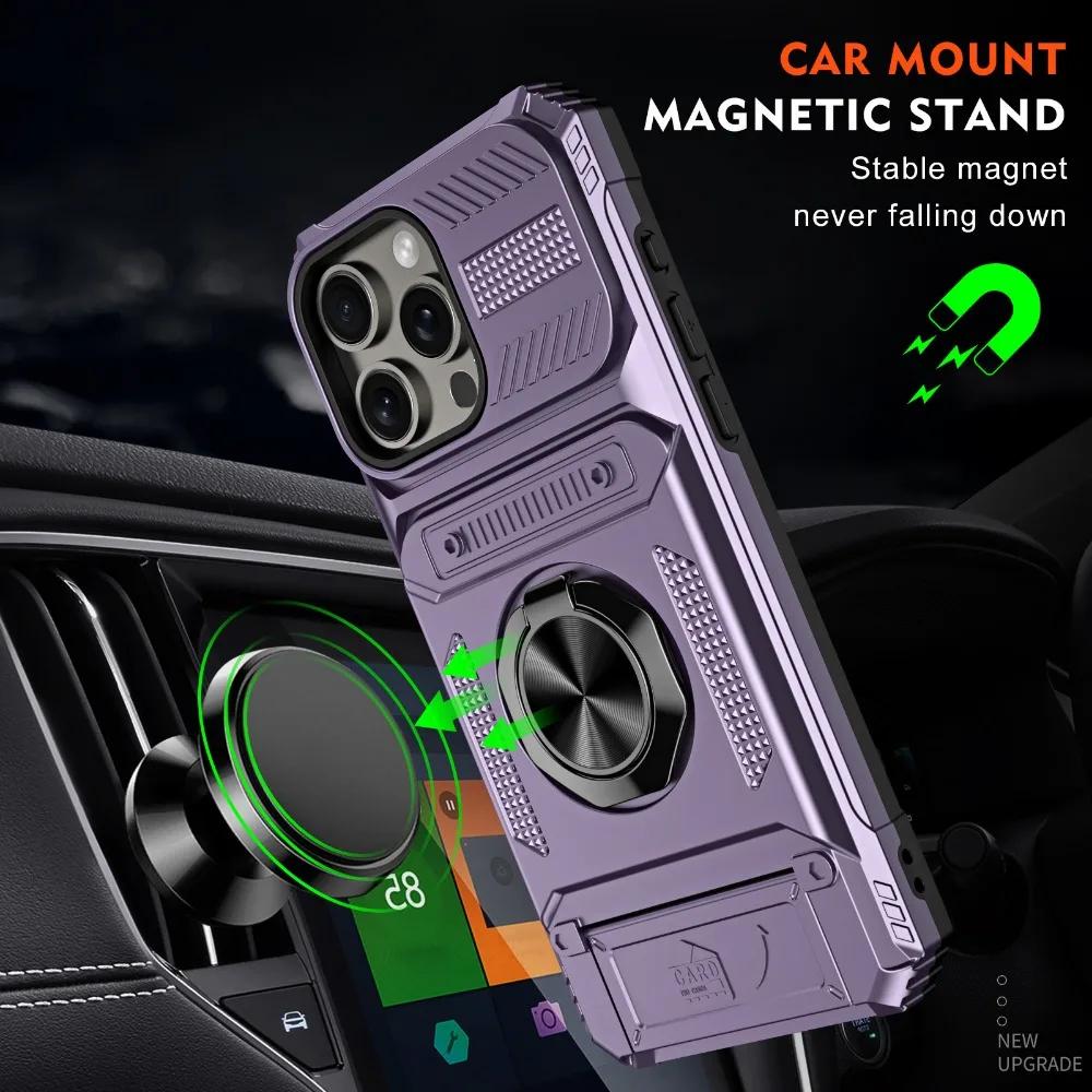 Phone Case For IPhone 13 14 15 16 Pro Max Plus Shockproof Heavy Duty Hard with Card Slot Magnetic Ring Holder Protective Cover