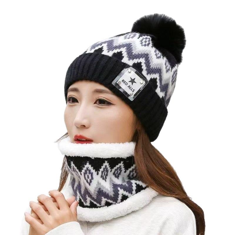 Winter women's thickened velvet warm knitted wool hat scarf set student cycling hairball ear protector hat