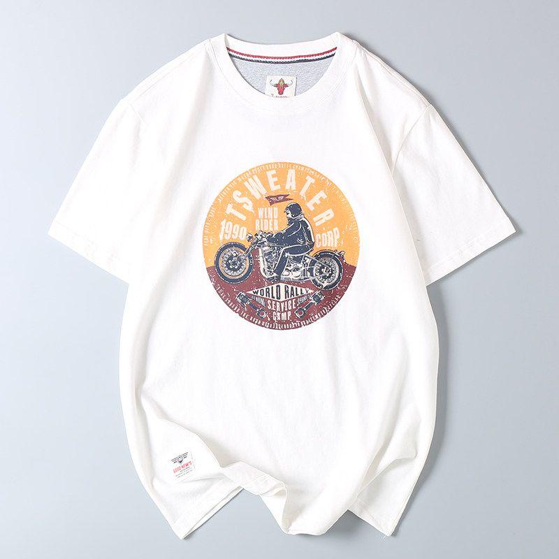 Vintage Motorcycle Print Short-Sleeve T-Shirt for Men, Pure Cotton, Niche Loose-Fitting Trendy Tee, Surplus from Japanese Export
