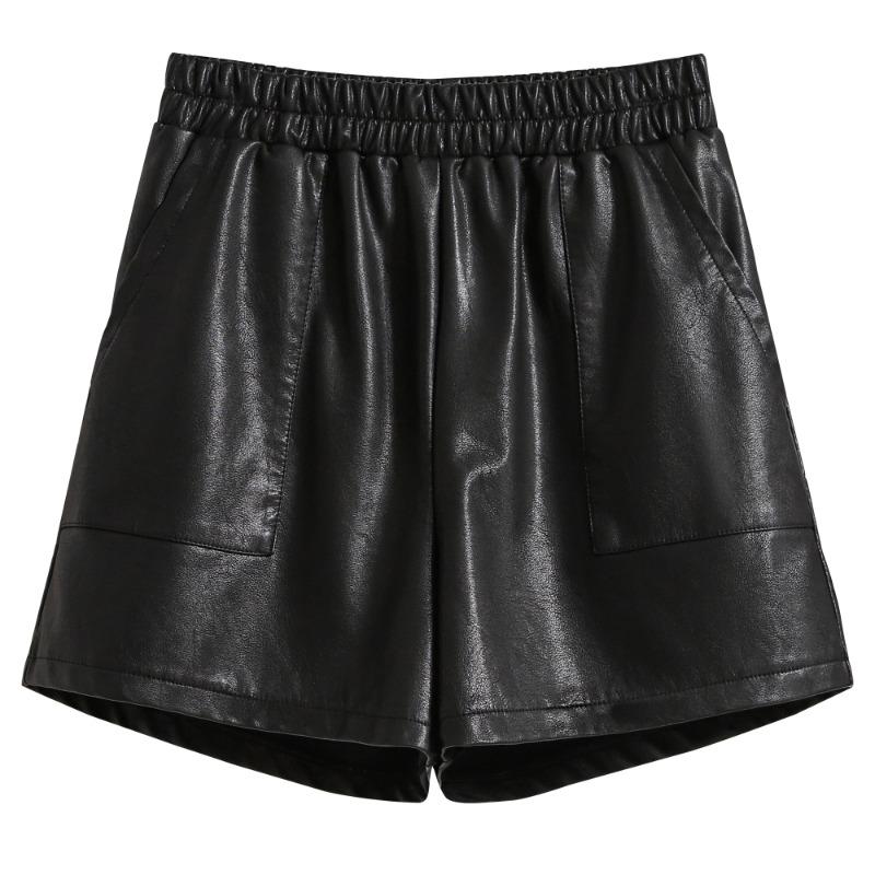DIMANAF 2024 Übergröße Herbst Winter Shorts Damen Lässig Neu PU Leder Uni Locker Weitbein Hose Hohe Taille Kurze Hose