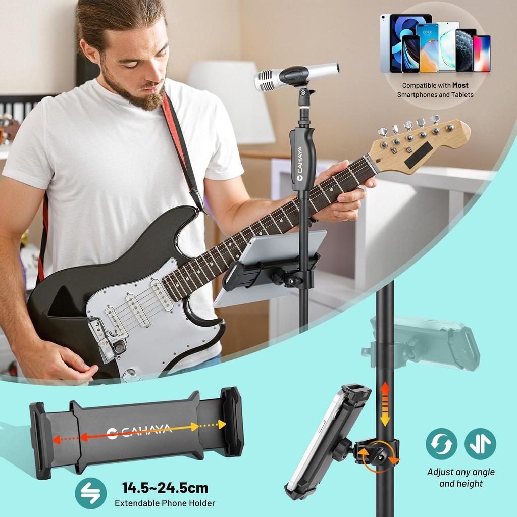 CAHAYA Microphone Stand, Straight Boom, 5.5kg Weight, 120cm-180cm Height Adjustable, 3230g Base, Iron Material, Smartphone Holder, Width Adjustable