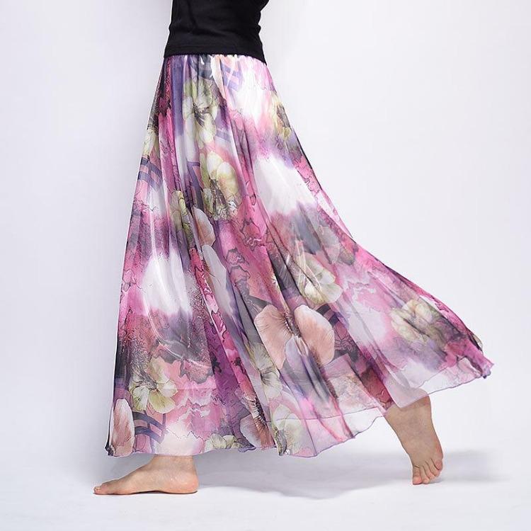 Bohemian Long Skirt Summer Retro Beach Skirt European and American New Style Printed Chiffon Skirt