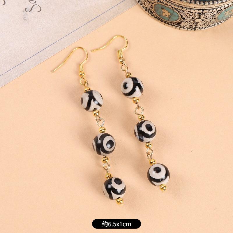 Original design Tibetan nine-eye dzi bead agate earrings retro literary tiger tooth earrings Chinese earrings women