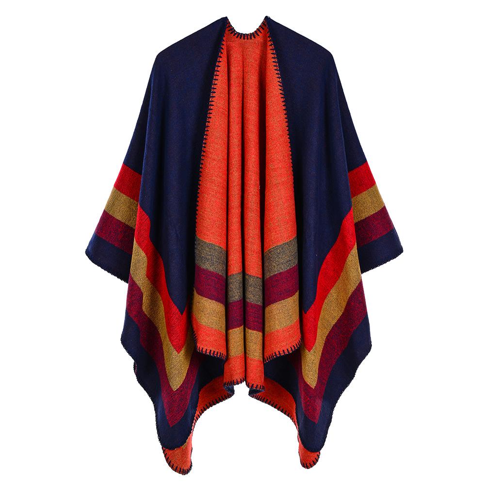 Versatile Plaid Women's Faux Cashmere Shawl: Ethnic Style Slit Cape for Autumn/Winter