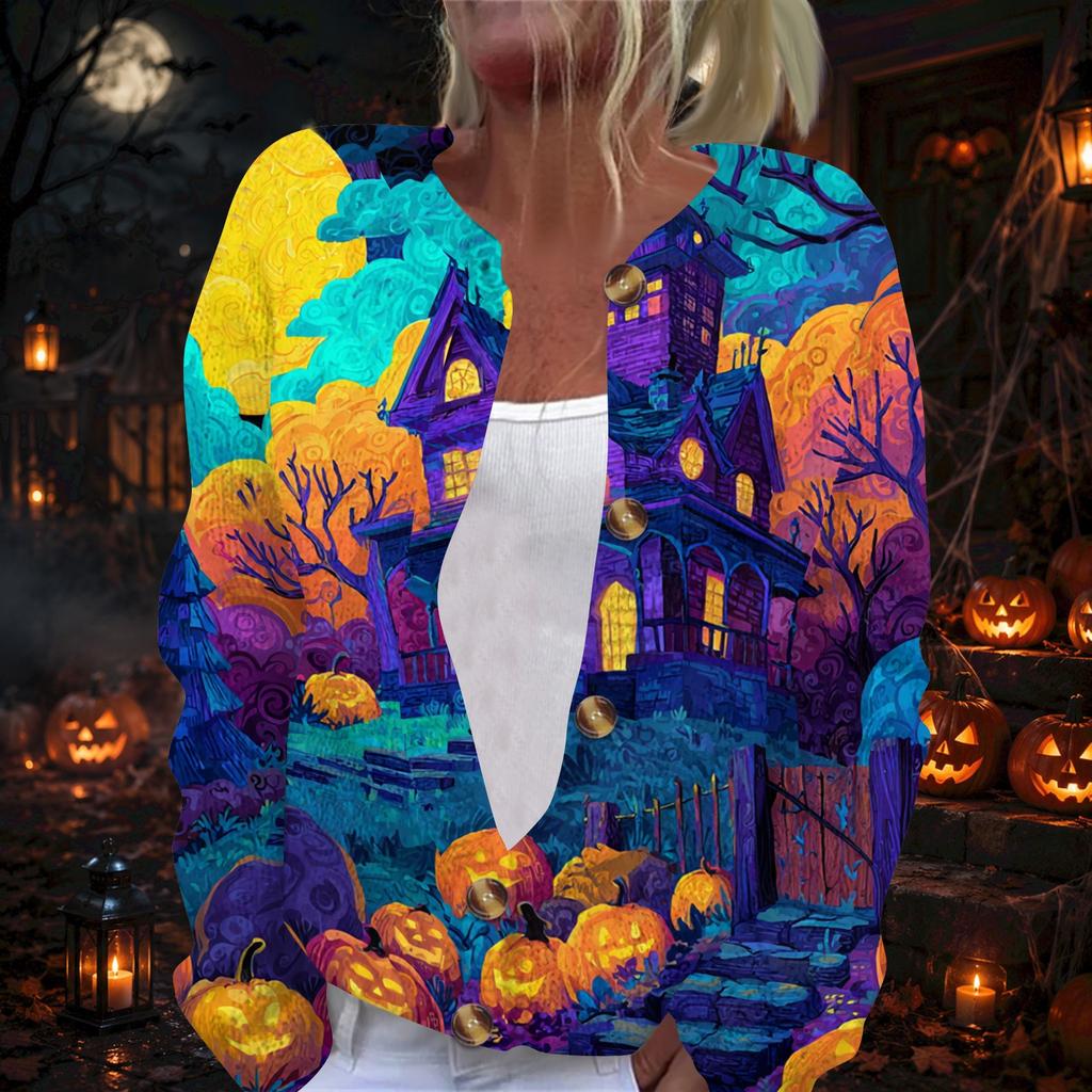 Women's Halloween Print Long Sleeve Knit Cardigan with Button Front