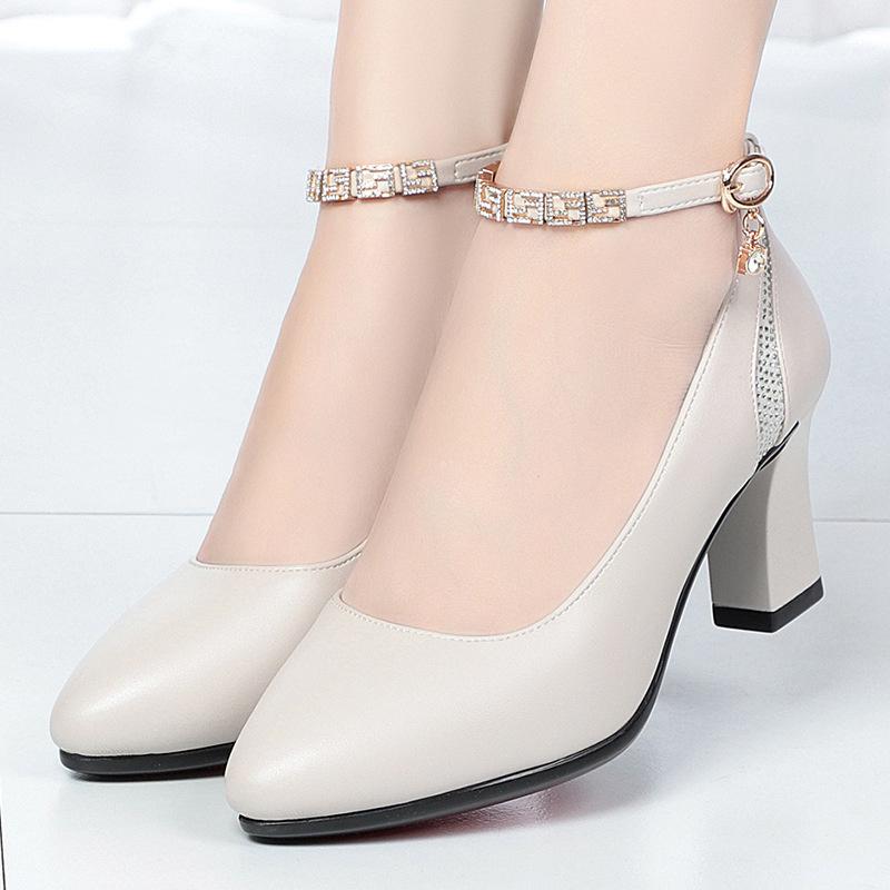 Women One-line Buckle Cute Pointed Toe Solid Spring Summer Office High Heel Shoes Casual Sweet Comfort Soft Leather Pumps