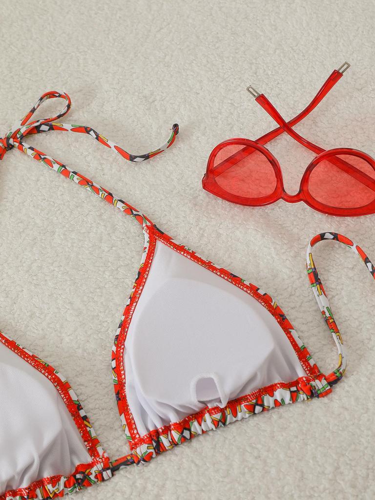 2025 European & American Three-Piece Knitted Bikini Set: Print Halter Neck & Short Skirt Swimwear for Women