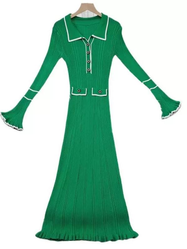 Europäisches & Amerikanisches Rüschenstrickkleid 2025 - Luxuriöses Französisches Herbst/Winter Revers Midi