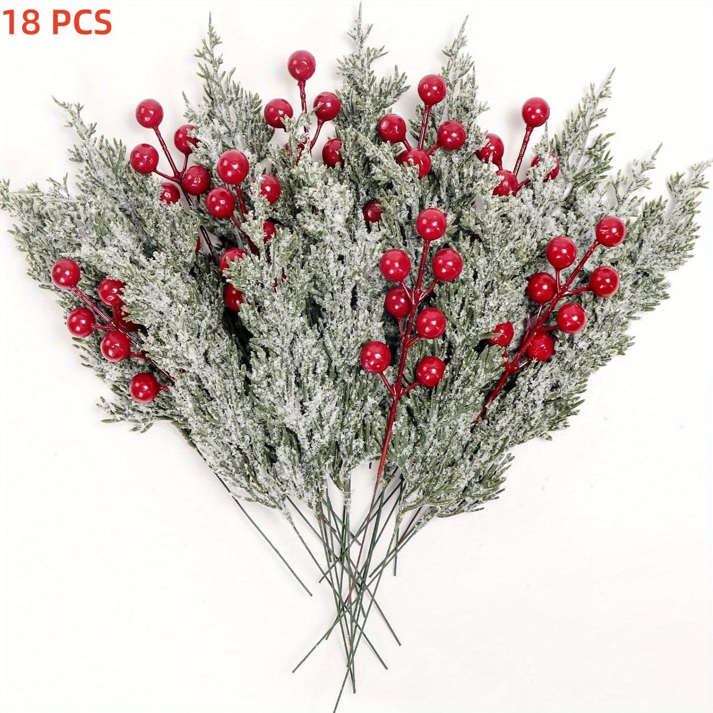 

18pcs Xmas Pine Branches with Red Berries. 11 Artificial Greenery Stems for Wreath, Garland, Vase. Perfect Festive Craft Decor. зелений