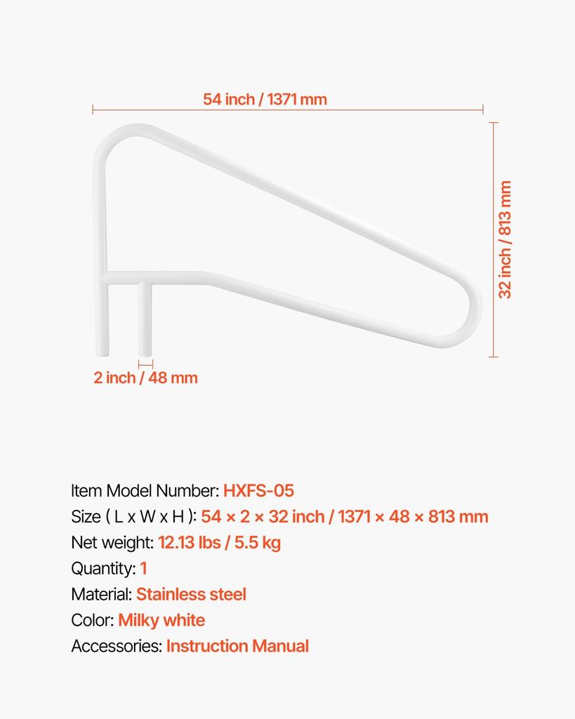 Pool Rail, 137.1 x 81.3 cm Pool Handrail, 100kg Load Capacity Heavy Duty Stainless Steel Swimming Handrail, Seamless Welding, Recessed or Base Mount,