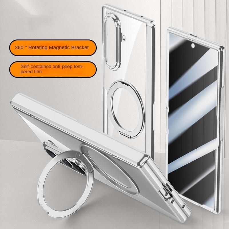 Metal Ring Holder Magsafe Magnetic Phone Case for Samsung Galaxy Z Fold 7 Spring Hinge with Tempered Glass Film Protection Cover