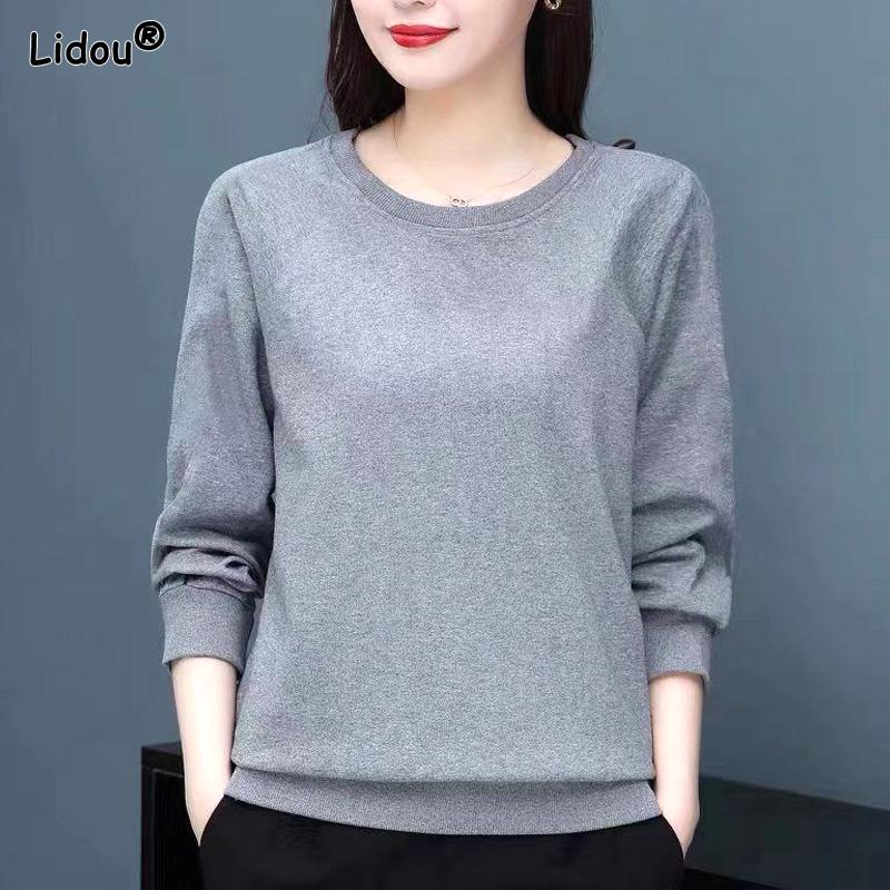 O-neck Loose Solid Color Long Sleeved Comfortable Trend All-match Tops Fashion New Casual T-shirts Simple Women's Clothing 2022