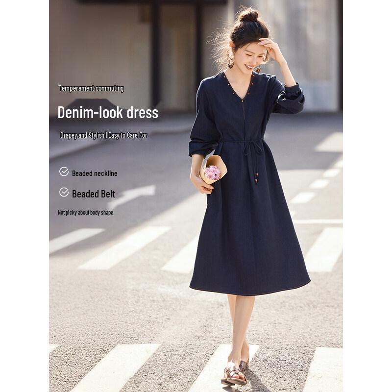 XWI Women s V-Neck Denim Blue A-Line Dress L