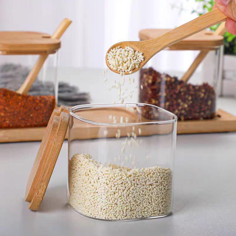 Three-Piece Glass Seasoning Jar Set with Wooden Salt Shaker and Sugar Bowl - Creative Kitchenware