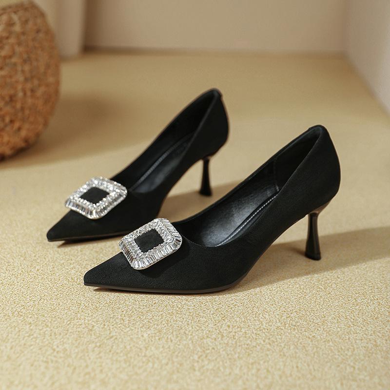 2025 Autumn New Pointed Rhinestone Square Buckle High Heels Women's Thin Heels Sexy Not Tired Feet Small High Heels Shallow Mouth Single Shoes