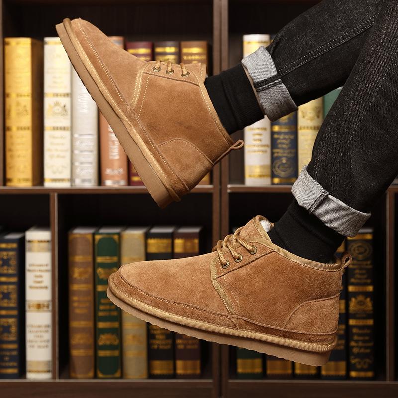 New Men Shoes Winter Snow Boots Genuine Suede Leather High Top Casual Shoes Warm Plush Ankle Boots