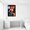 Vintage Pin-Up Cowgirl Metallblechschild Blonde Lockige Haare Roter Hut Blume Weißes Bustier Blaues Motorrad Texasflagge Bar Man Cave Hom