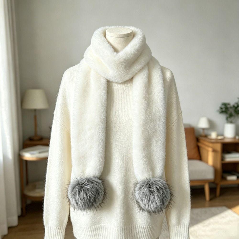 Soft Plush Pom Pom Scarf Faux Fur Neck Warmer New Plush Scarf Women