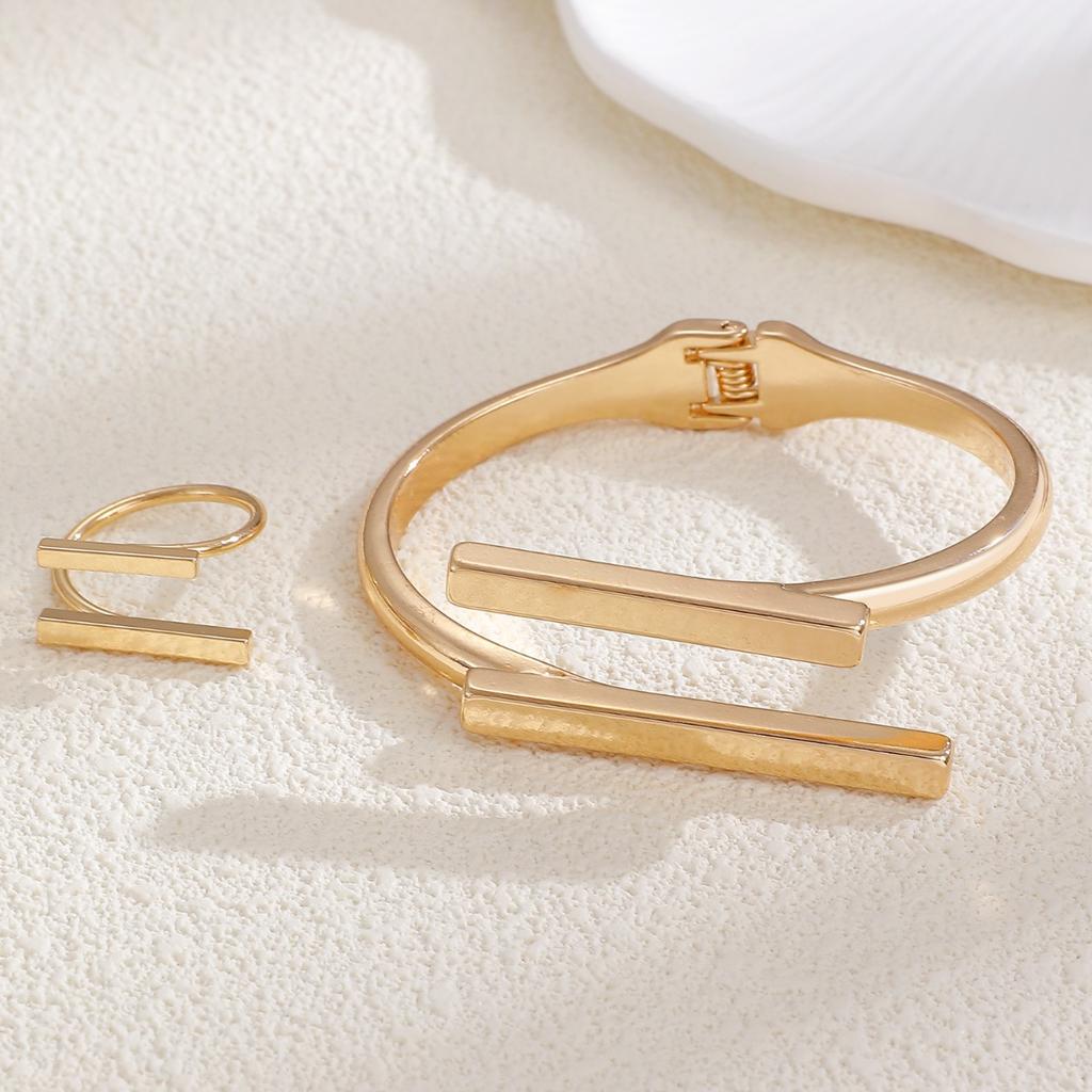 Geometric Bar Open Cuff Bracelet and Ring Set Minimalist Gold Tone Jewelry for Women