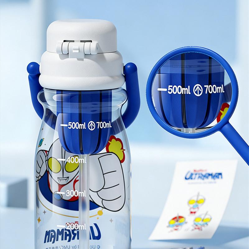 X&W for Ultraman Children Water Bottles Plastic Cartoon Straw Cup with Tea Infuser& Scale Student School Double Drinking Cup