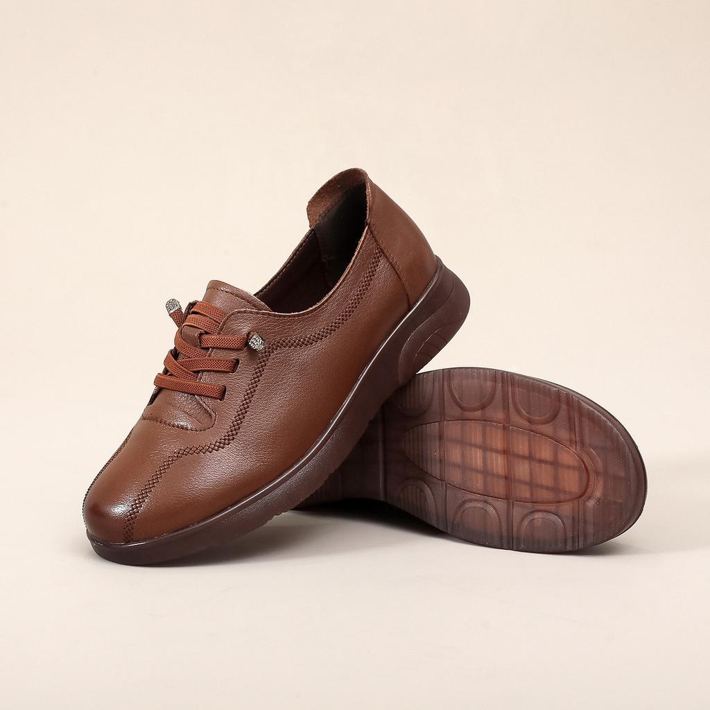Leather shoes 2026 Spring and Autumn genuine leather flat bottomed round toe elastic soft sole single shoe