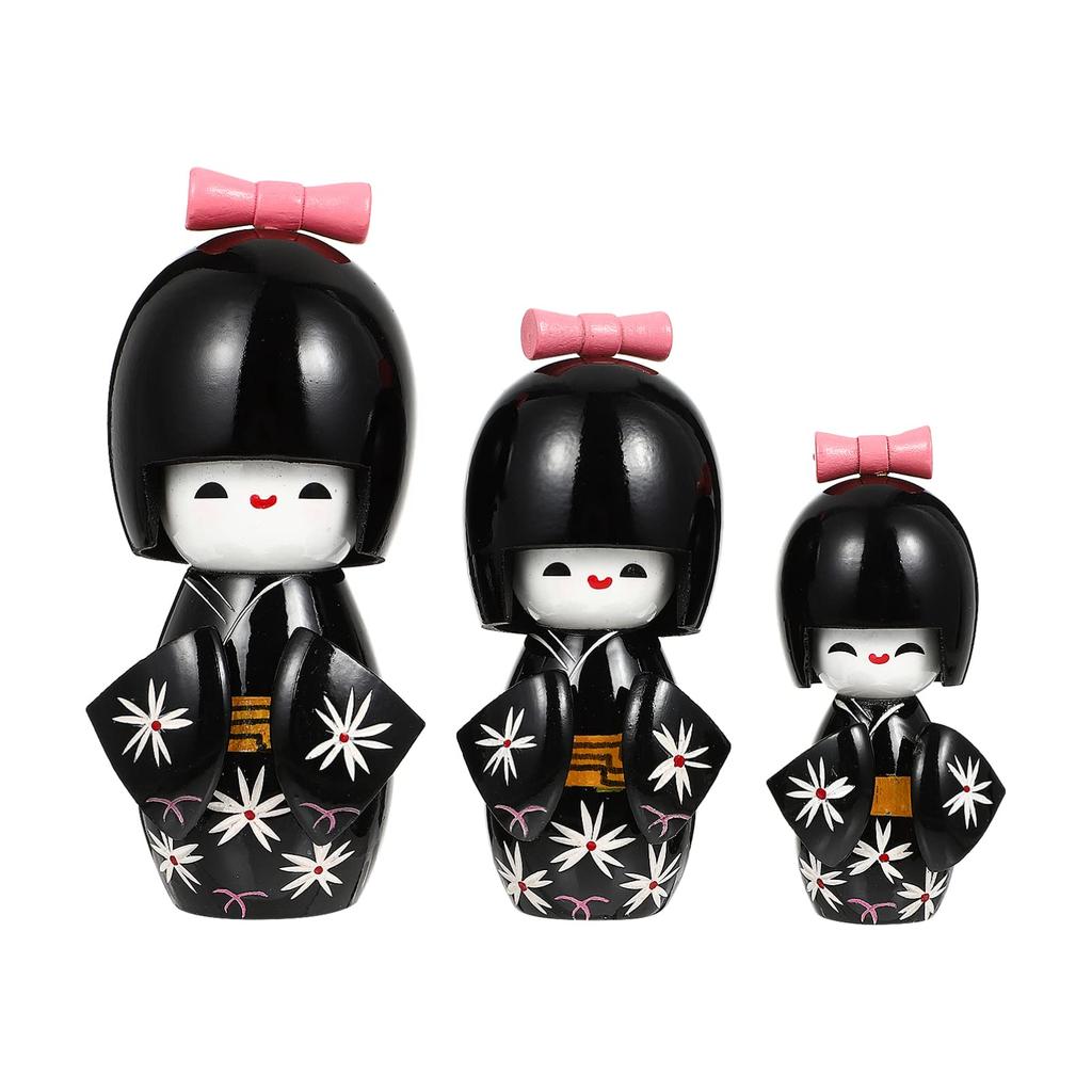 Kimono Japonez Păpuși Kokeshi cu Flori de Cireș Kimono Kokeshi Drăguț din Lemn Set Japonez de 3 Ornament Decorativ pentru Designul Camerei, Păpuși, Suvenir,