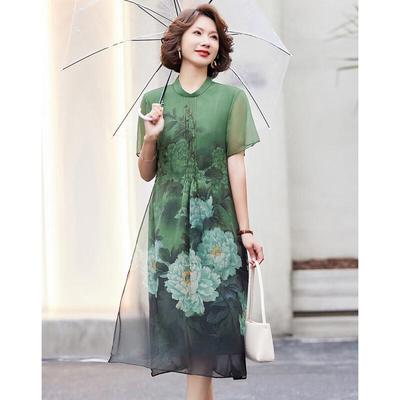 Paster Elegant Chinese Style Floral Chiffon Midi Dress