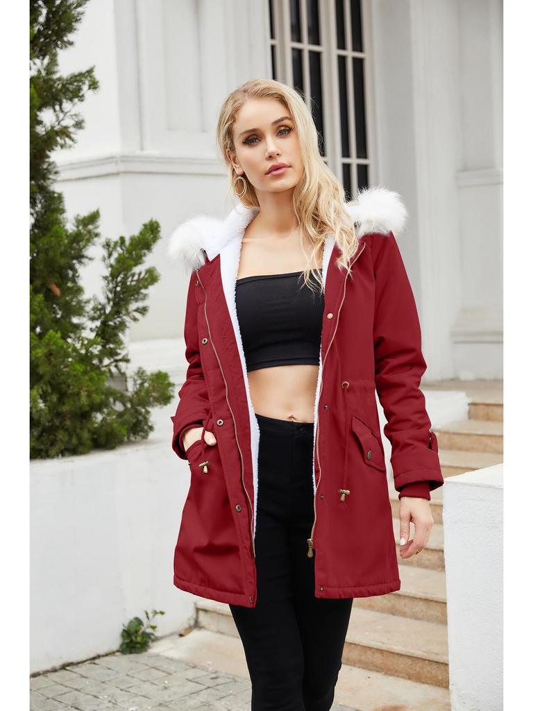 2023 Women's Detachable Fur Collar Parka: Long Sleeve Hooded Cotton Coat with Fleece Lining for Autumn/Winter