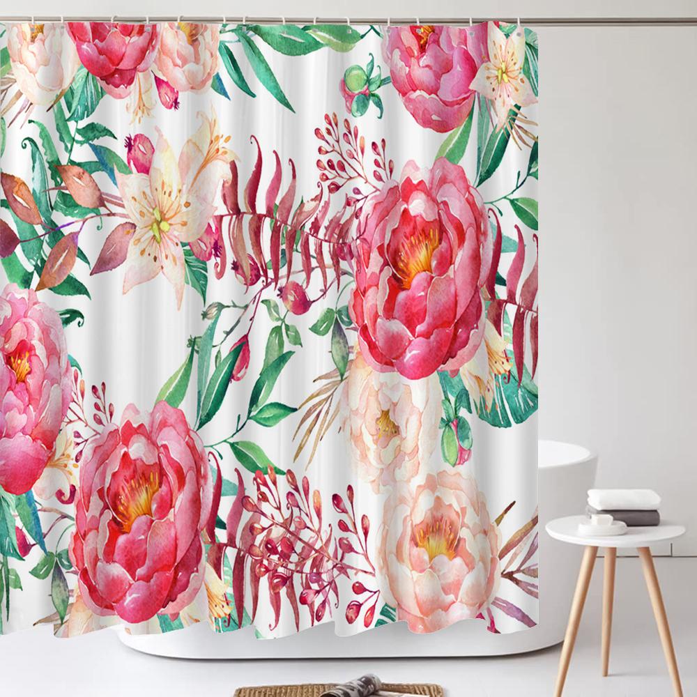 Green Leaves Plant Flower Butterfly Shower Curtain Watercolor Floral Waterproof Fabric Bath Curtains Bathroom Accessorie Decor