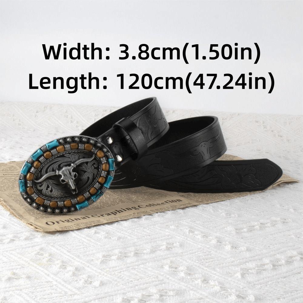 Carved Western Cowboy Belt Cow Head Buckle Embossed Belt Luxury Waistband  For Man Women