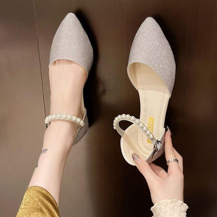Fairy flat bottom pointed pearl sandals with one word sweet with skirt hollow bridesmaid bag heel with skirt single shoes