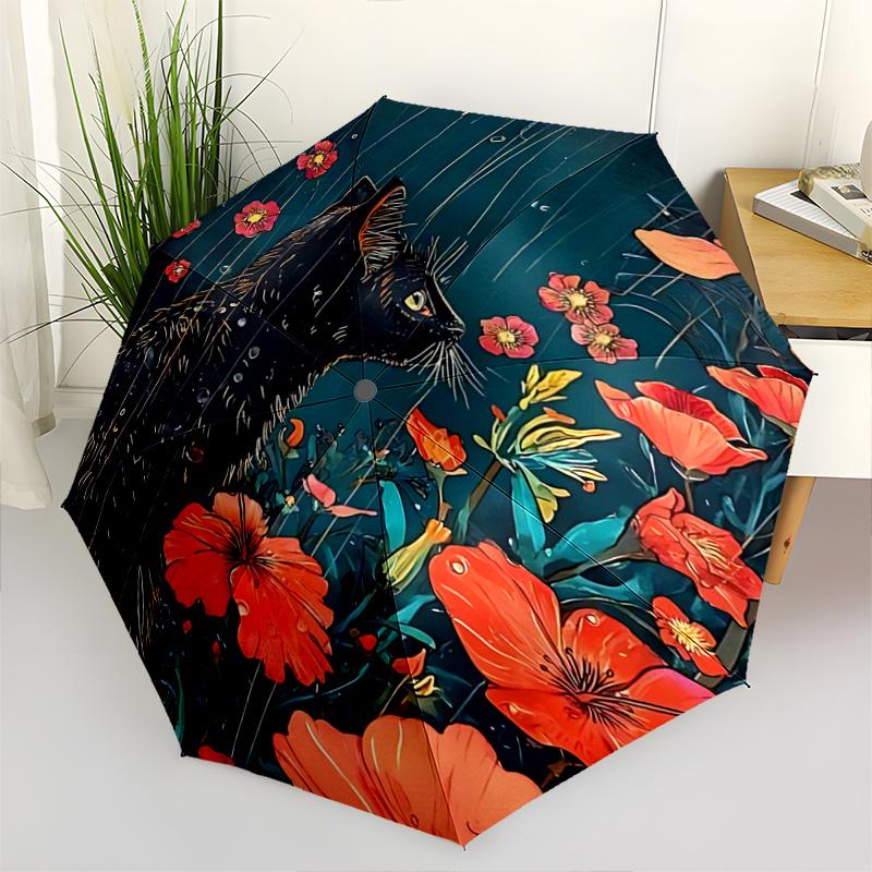 1pc Black Cat with Orange Flowers Automatic Opening/Closing Umbrella, Portable Folding Design, Outdoor Use, Festival Gift for Fans, Travelers, Da