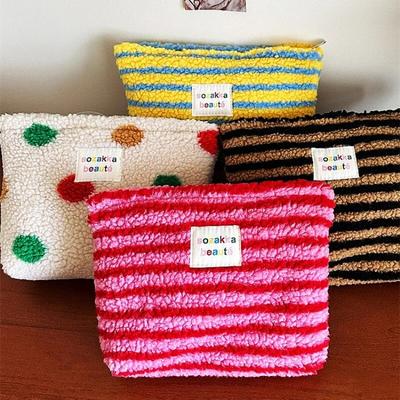 Colorful Striped Dot Plush Clutch Cosmetic Bag Large Capacity Makeup Pouch Toiletries Bag Travel Outdoor Makeup Storage