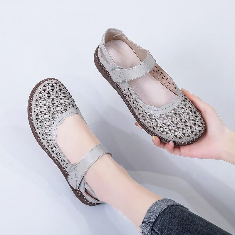 Leather sandals beef tendon sole breathable non-slip middle-aged and elderly mother shoes women's soft sole non-slip and deodorant hollow hole shoes