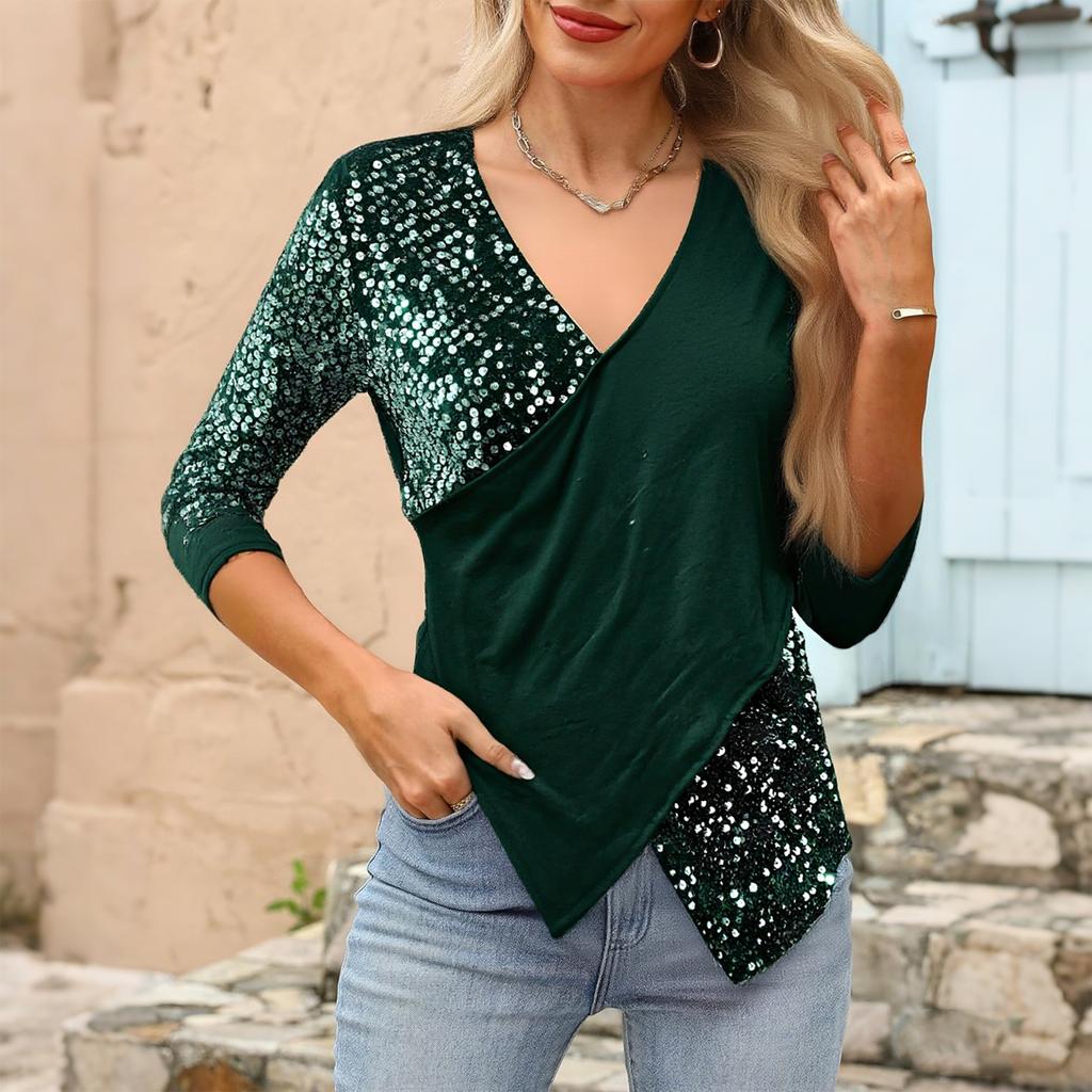 Ladies' Fashionable Casual Sequin Splicing V,neck Hanging Neck Long Sleeved Irregular T,shirt Top