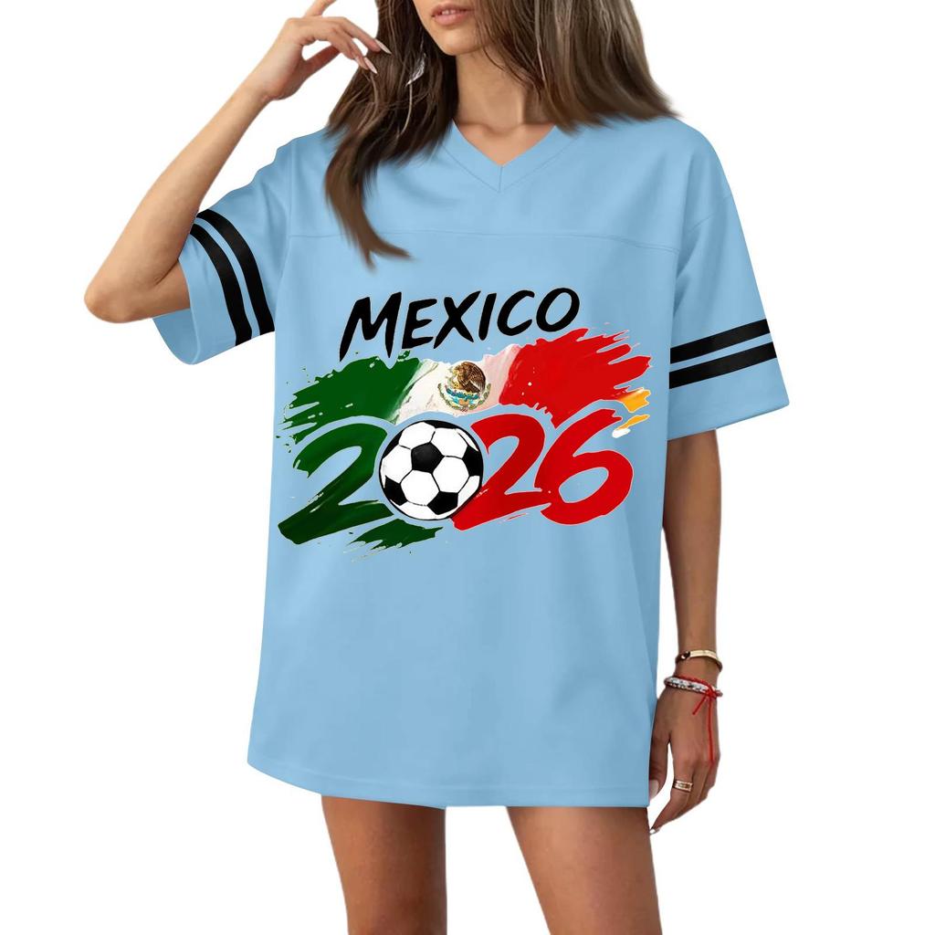 Women V Neck Short Sleeve Soccer Jersey Style Top with Football Flag Print Casual Loose Fit T Shirt for Sports and