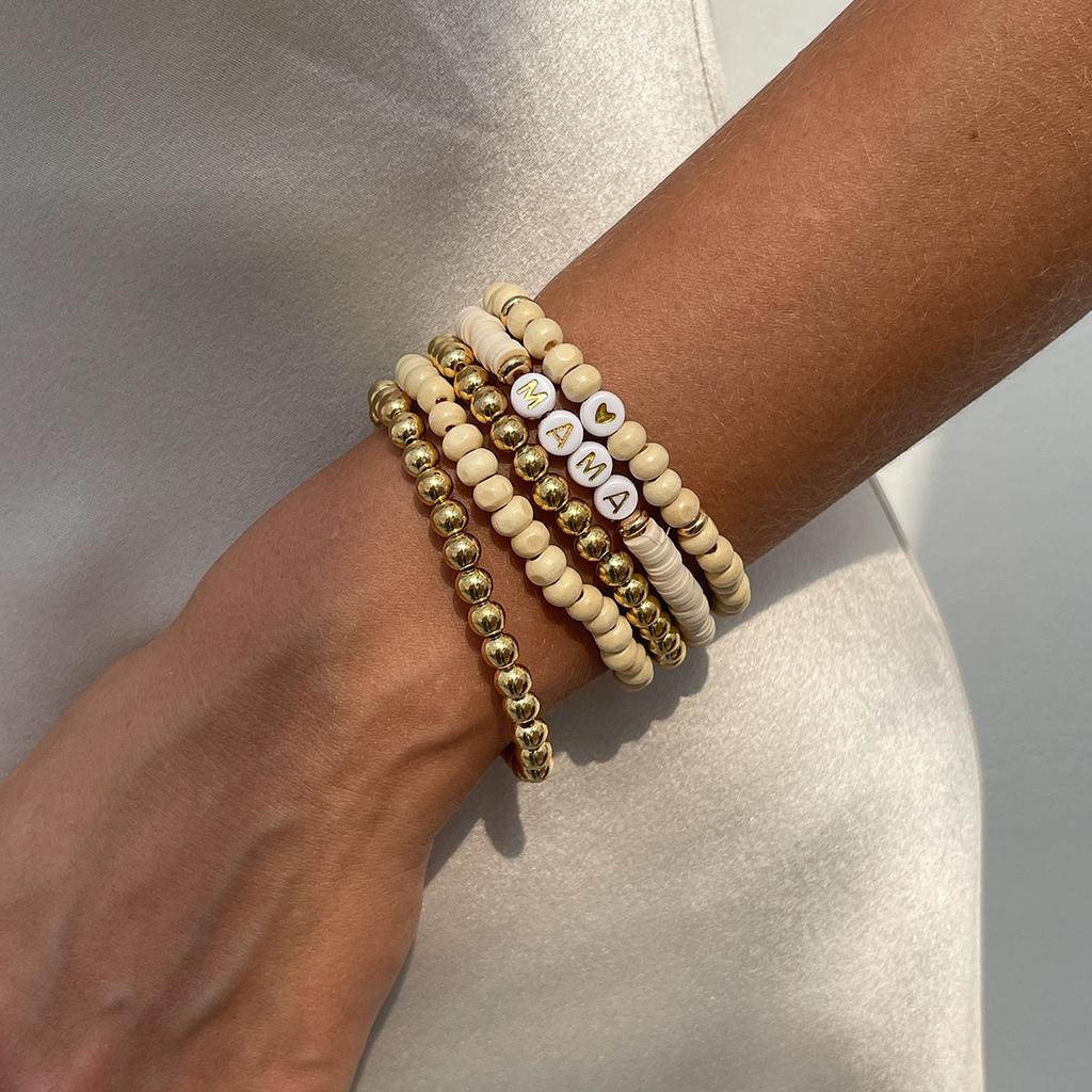Bohemian Style Wood Bead Stacked Bracelet, Ethnic Style Letter Soft Pottery Round Bead Bracelet Female