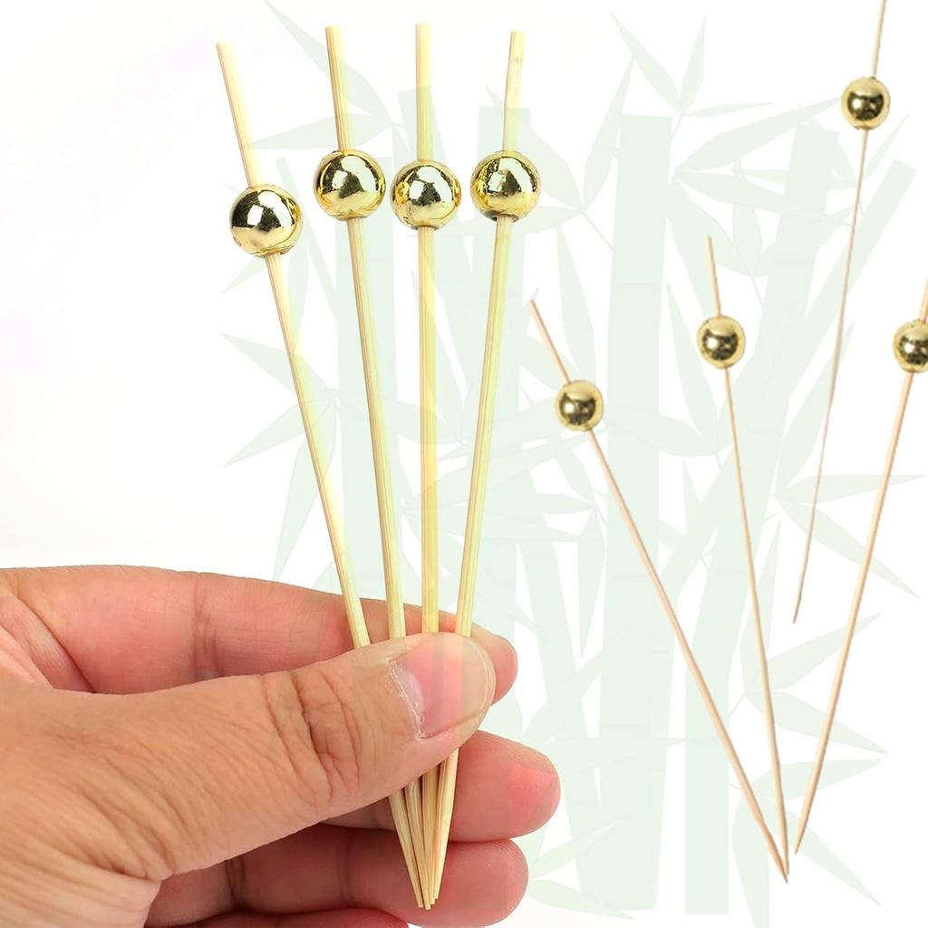 Yesland 500 Counts Cocktail Picks - 4 3/4 Inch Handmade Bamboo Toothpicks - Wooden Sticks with Gold Pearl for Party Supplies